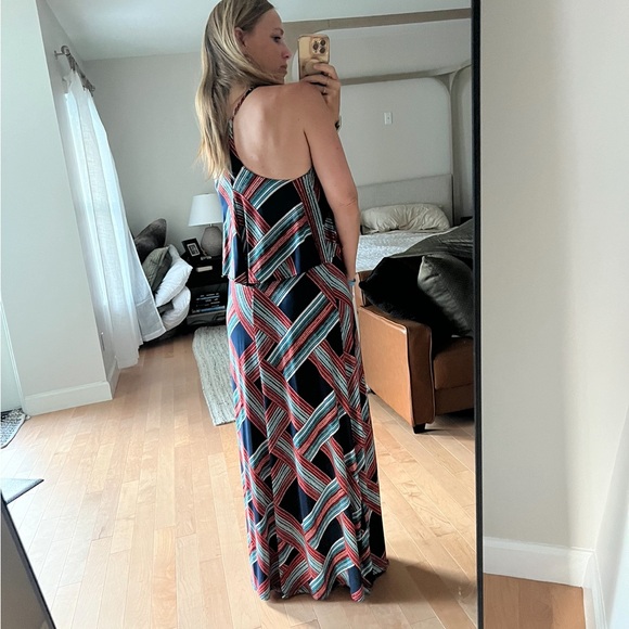 Veronica M multicolor Diagonal Striped Halter Ruffle Maxi Dress Stretch small - Picture 3 of 3